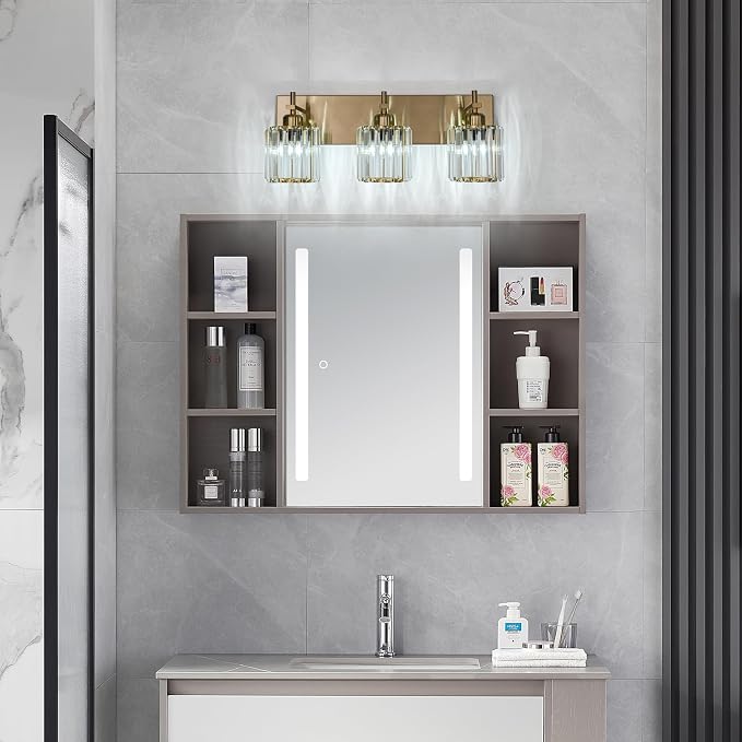 Modern Crystal Bathroom Vanity Lights, Gold 3-Lights Bathroom Light Fixtures Over Mirror, Crystal Wall Lighting with Polished Brass Finish