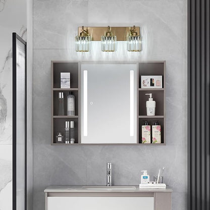 Modern Crystal Bathroom Vanity Lights, Gold 3-Lights Bathroom Light Fixtures Over Mirror, Crystal Wall Lighting with Polished Brass Finish