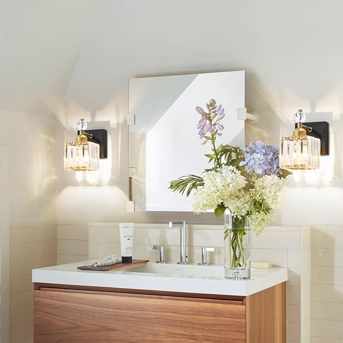 PRESDE Single Crystal Wall Sconce, Modern Black and Gold Vanity Light Fixture, 1-Light Wall Lamp for Bathroom Bedroom Hallway