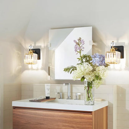 PRESDE Single Crystal Wall Sconce, Modern Black and Gold Vanity Light Fixture, 1-Light Wall Lamp for Bathroom Bedroom Hallway