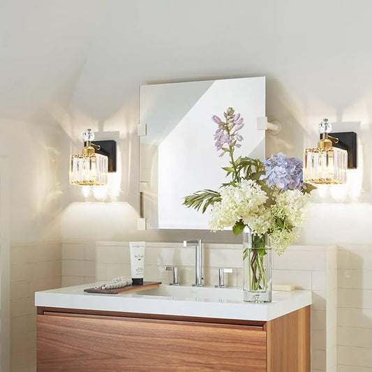 PRESDE Single Crystal Wall Sconce, Modern Black and Gold Vanity Light Fixture, 1-Light Wall Lamp for Bathroom Bedroom Hallway