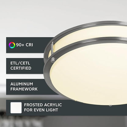 Designers Fountain Flush Mount Ceiling Light, 12 Inch Round LED DC Lighting Fixture Kitchen, Bedroom, Bathroom, Hallway, Dimmable, 1200 Lumens, 3000K/4000K/5000K, Brushed Nickel, EV1412C3C-35