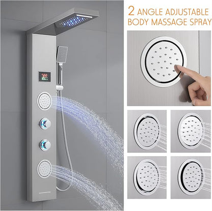 ROVATE Shower Panel Tower System with LED Rainfall Waterfall Shower Head, 5-in-1 LED Stainless Steel Shower Panel System with Body Massage Jets, Handheld Shower and Tub Spout, Brushed Finish