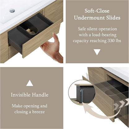 60 Inch Floating Bathroom Vanity with Sink, Large Storage Wall Mounted Floating Vanity with Soft Close Drawers, One-Piece Basin Bathroom Sink Cabinet (Natural Oak, 60")