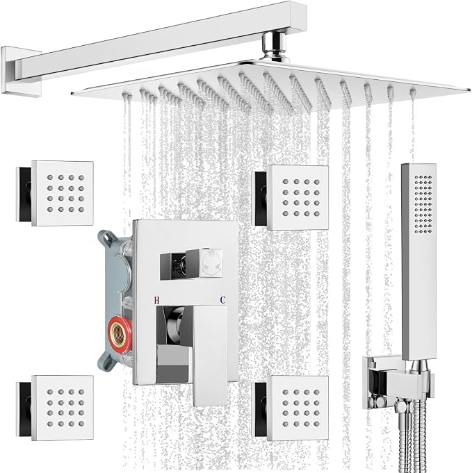 gotonovo Rainfall Shower System with Full Body Jets 4pcs Polished Chrome | 12’’ Rainfall Shower Head with Handheld Spray Combo,Wall Mount,Rough-in Valve and Trim Kit,Brass Body Message Jets,All Metal