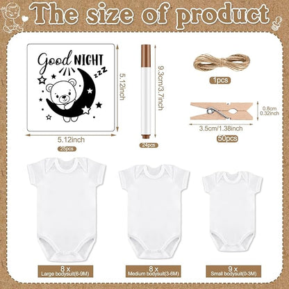 Panitay 126 Pcs Baby Shower DIY Bodysuit Set Bib 25 Blank White Newborn Bodysuit 25 Stencils 24 Marker 1 Sign 50 Pins(Kraft)