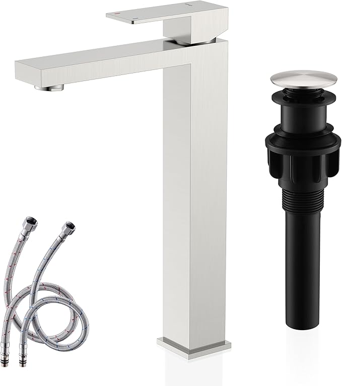 KENES Brushed Nickel Vessel Sink Facuet Single Handle Tall Bathroom Sink Faucet Vanity Bathroom Faucet Basin Mixer Tap with Water Supply Hose and Pop Up Sink Drain, LJ-9031A