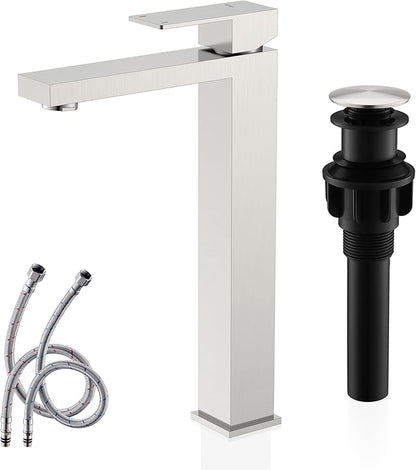 KENES Brushed Nickel Vessel Sink Facuet Single Handle Tall Bathroom Sink Faucet Vanity Bathroom Faucet Basin Mixer Tap with Water Supply Hose and Pop Up Sink Drain, LJ-9031A
