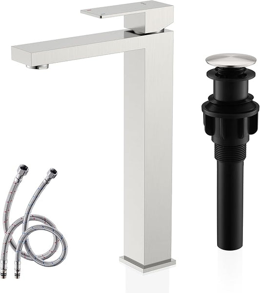 KENES Brushed Nickel Vessel Sink Facuet Single Handle Tall Bathroom Sink Faucet Vanity Bathroom Faucet Basin Mixer Tap with Water Supply Hose and Pop Up Sink Drain, LJ-9031A