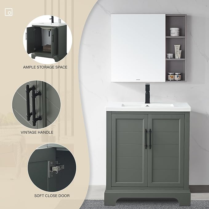 HOMEBEYOND 30 Inch Bathroom Vanity with Single Sink & Ceramic Top, Vanity Cabinet with Center Countertop Basin, Soft-Closing Doors, Vintage Green