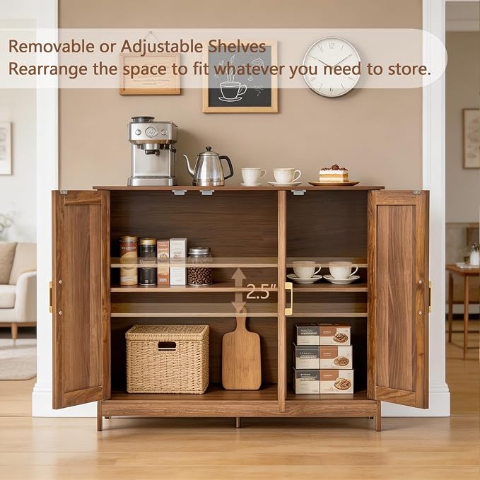 Wood Buffet Storage Cabinet, 3-Door Sideboard Credenza with Fluted Doors & Adjustable Shelves, Freestanding Coffee Bar Cabinet for Kitchen, Living Room, Walnut Brown