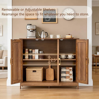 Wood Buffet Storage Cabinet, 3-Door Sideboard Credenza with Fluted Doors & Adjustable Shelves, Freestanding Coffee Bar Cabinet for Kitchen, Living Room, Walnut Brown