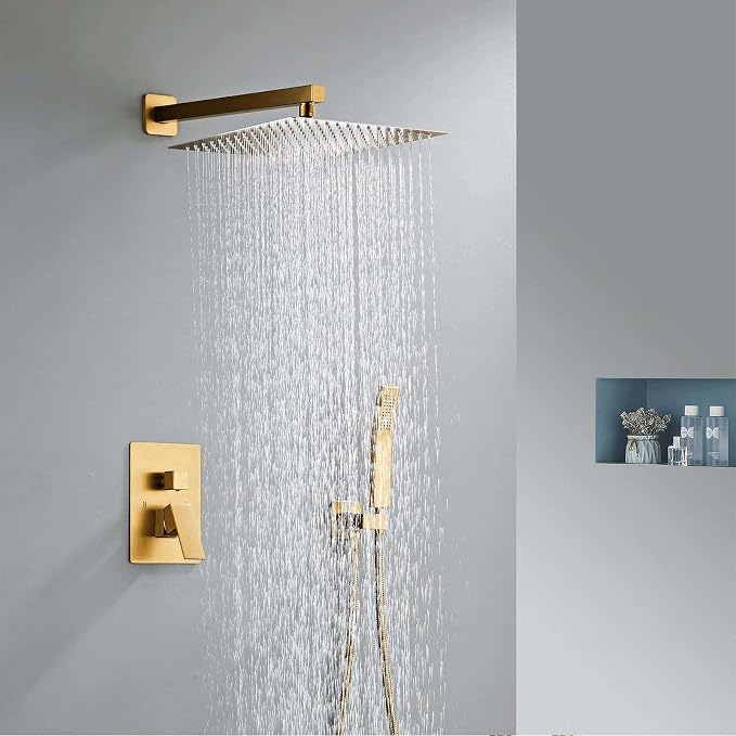 SaniteModar Shower Faucet Set 10 Inch, Brushed Gold Shower System | Rainfall Shower Head with Handheld Combo Spray, High Pressure Shower Combo Set Included Brass Valve and Trim kit