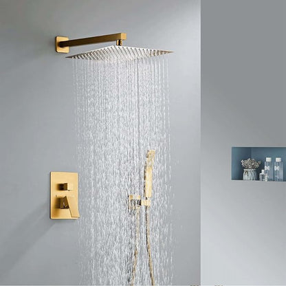 SaniteModar Shower Faucet Set 10 Inch, Brushed Gold Shower System | Rainfall Shower Head with Handheld Combo Spray, High Pressure Shower Combo Set Included Brass Valve and Trim kit