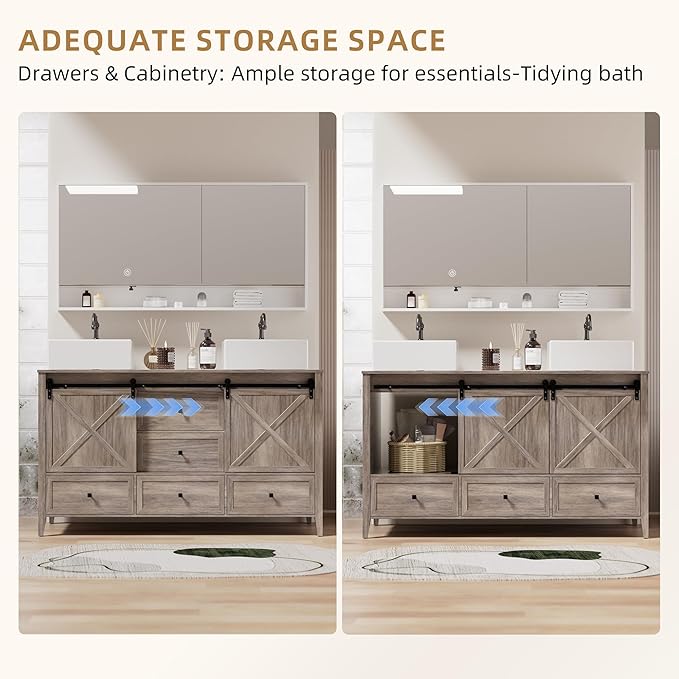 VNN Bathroom Vanity with Sink - 60 Inch Bathroom Vanity Double Sink Ceramic, Freestanding Cabinet with 2 Farmhouse Sliding Barn Doors and 5 Drawers, Space-Saving Storage Cabinet, Grey Wood Grain