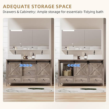 VNN Bathroom Vanity with Sink - 60 Inch Bathroom Vanity Double Sink Ceramic, Freestanding Cabinet with 2 Farmhouse Sliding Barn Doors and 5 Drawers, Space-Saving Storage Cabinet, Grey Wood Grain