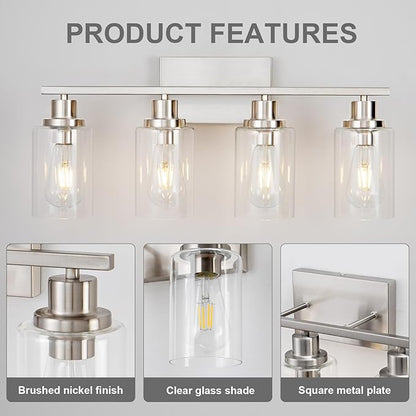 4 Light Bathroom Light Fixtures Brushed Nickel Vanity Light Over Mirror Modern Farmhouse Wall Lighting Sconces Wall Lamp for Bathroom, Bedroom, Living Room E26 Socket with Glass Shade