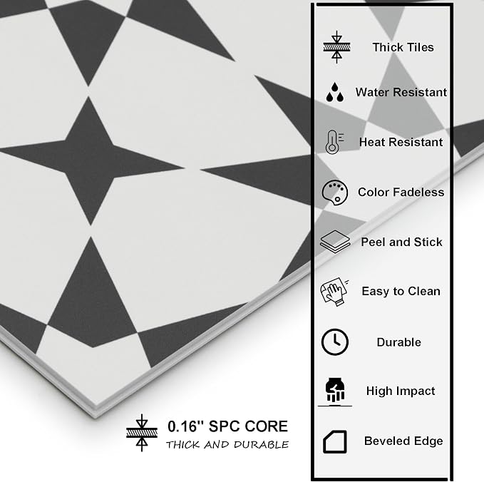 16-Sheet Peel and Stick Floor and Wall Tile for Bathroom Kitchen Shower, 9" x 9" Marrakech SPC Self-Adhesive Vinyl Flooring, Patterned Groutable Backsplash Tile, Cover 9.12 Sq Ft.
