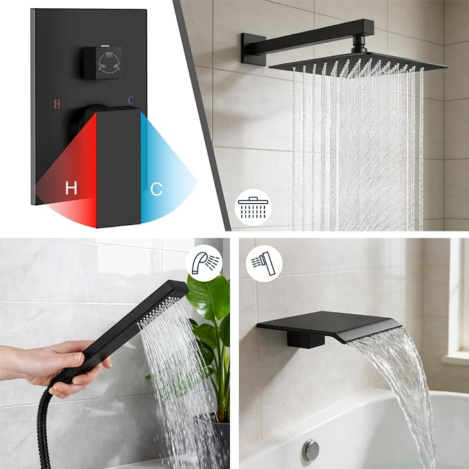 Midanya Shower System with Tub Spout,12 Inch Shower Head,Matte Black | with Valve & Trim Kit,Square Rain Head,Handheld Sprayer,Waterfall Spout,All Metal Wall Mount Bathroom Shower Tub Faucet Set