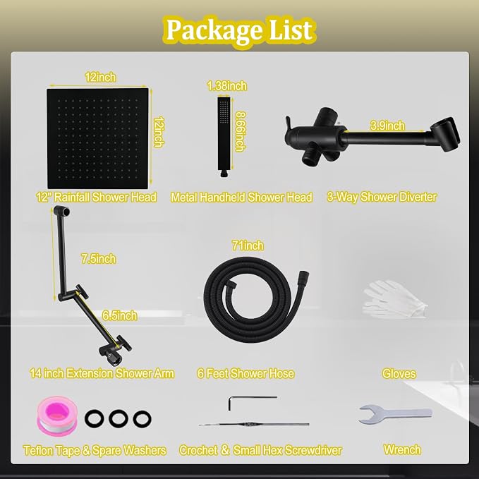 All Metal 12" Rainfall Shower Head with Handheld Spray Combo, High Pressure Rain Shower Heads with Adjustable Extension Arm, Wide Dual Waterfall Showerhead, Extra Long Shower Hose - Matte Black