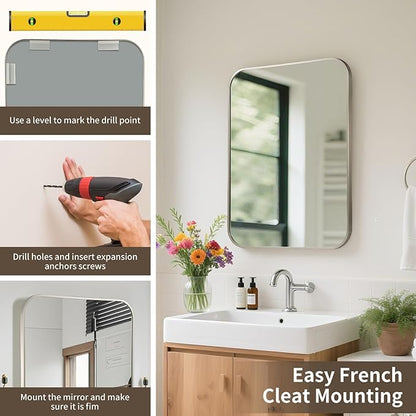 Brushed Nickel Mirror, 24x32 Inch Brushed Nickel Rectangle Mirror, Aluminum Alloy Framed Vanity Mirror, Rounded Rectangle Bathroom Mirror for Over Sink, Anti-Rust