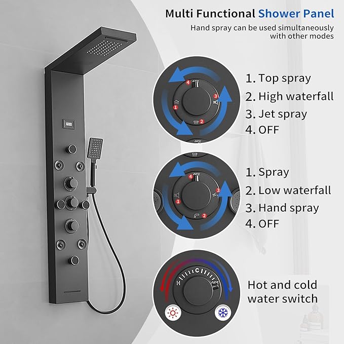 Shower Panel, Shower Tower, Bathroom Shower Panel Tower System, 6 IN 1 Shower Functions, Stainless Steel Wall Mounted, Black