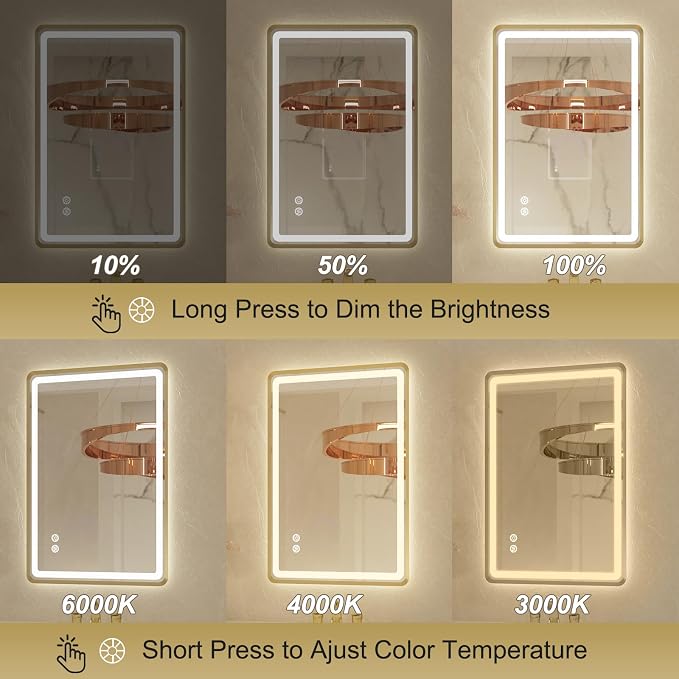 24x32 Inch LED Bathroom Mirror with Round Corner Gold Framed, Lighted Vanity Mirrors with Lights, Front Light and Backlit, Stepless Dimmable, Anti-Fog, Memory, 3 Colors Wall-Mounted Mirrors