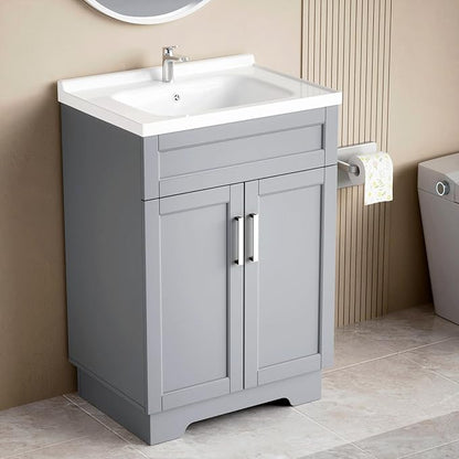 Bathroom Vanity with Ceramic Sink, Bathroom Vanity Cabinet with 2 Doors, 24 Inches Wooden Cabinet with Sink, Grey