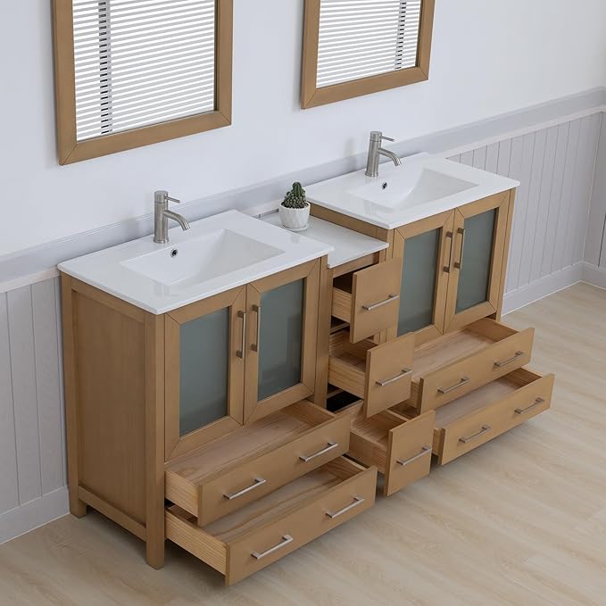 Vanity Art 72 Inch Under Mount Double Sink Bathroom Vanity Cabinet with 2 Mirrors, Ceramic Top Bathroom Cabinet Compact Set with 7 Dovetail Storage Drawers and Brushed Nickel Handles, VA3030-72-NO