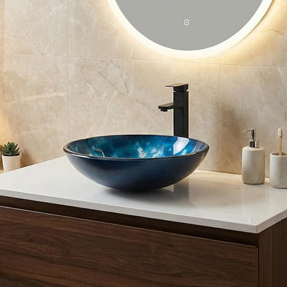 Bathroom Artistic Vessel Sink, Tempered Glass Vanity Round Bowl, Ocean Blue | Black Faucet, Pop Up Drain, Above Counter, Easy Clean
