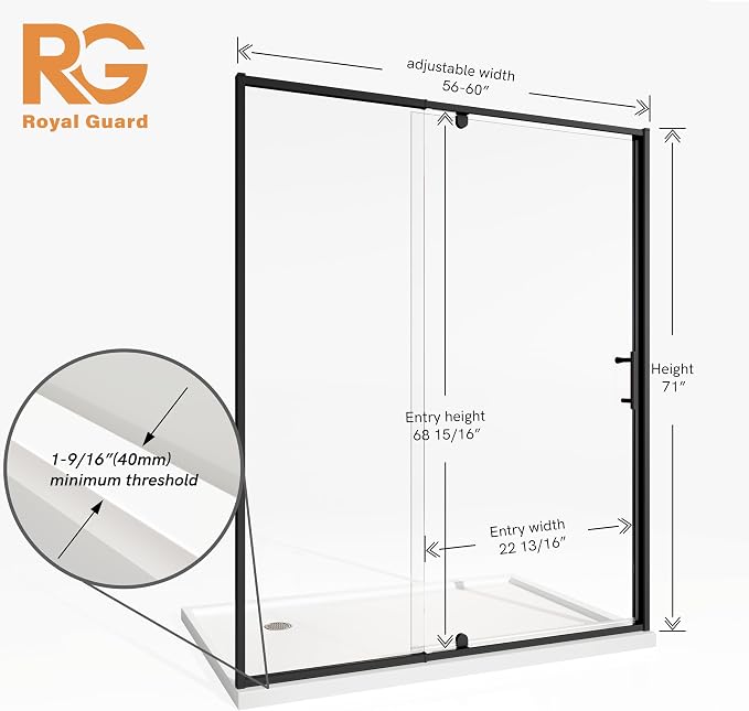 Royal Guard 56-60" W x 71" H Pivot Swing Glass Shower Door,Matte Black | Shower Doors with 4-Inch Adjustable Width, 6mm SGCC Tempered Glass, Reversible Installation,Magnetic Closing,Easy to Clearn