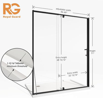 Royal Guard 56-60" W x 71" H Pivot Swing Glass Shower Door,Matte Black | Shower Doors with 4-Inch Adjustable Width, 6mm SGCC Tempered Glass, Reversible Installation,Magnetic Closing,Easy to Clearn