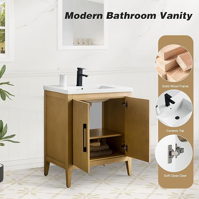 HomeBeyond 30 Inch Bathroom Vanity with Sink & Ceramic Top, Single Vanity Cabinet with Basin, Soft-Closing Doors & Matte Black Hardware, Natural Oak