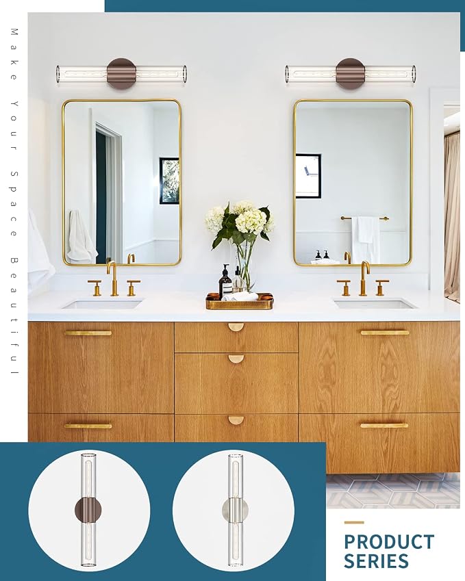 Bathroom Vanity Light Fixture, 2-Light Oil Rubbed Bronze Wall Sconce Lighting Fixture with Clear Glass, Indoor E26 Stocket Wall Lamp for Mirror Living Room Hallway, 2 Pack