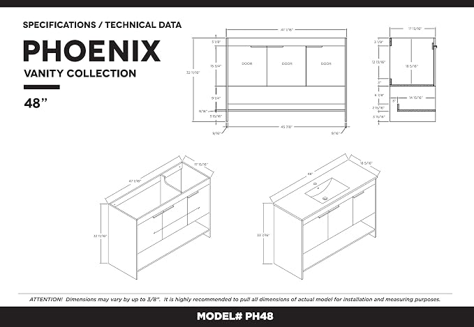 Phoenix 48 Inch Bathroom Vanity with Sink – Modern Design, Soft-Close Doors, Storage Drawers, Durable Build – White Vanity for Small Bathrooms (Full Assembly Required)