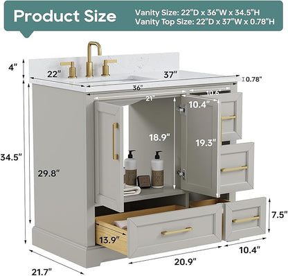 36 Inch Bathroom Vanity with Sink Combo, Solid Wood Frame with Mable Top &Backspalsh, Fully-Assembled with Soft-Closing Doors & 4 Drawers, Greige