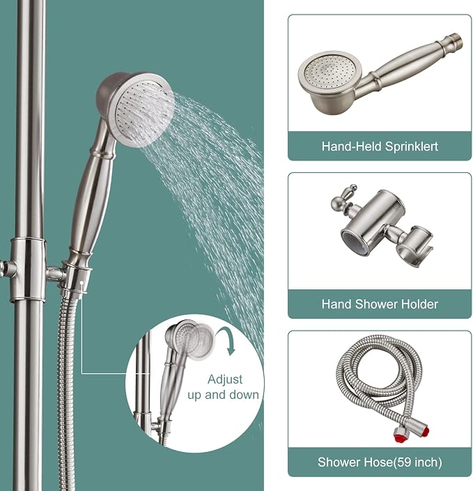 Heyalan Exposed Shower System, 8 Inch Rain Head, Handheld,Brushed Nickel | Exposed shower system with 8 inch rain head, handheld sprayer, single handle control, and complete wall-mounted setup.
