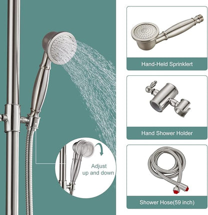Heyalan Exposed Shower System, 8 Inch Rain Head, Handheld,Brushed Nickel | Exposed shower system with 8 inch rain head, handheld sprayer, single handle control, and complete wall-mounted setup.