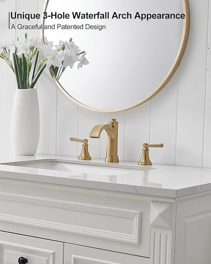 Brass Bathroom Waterfall Faucet, 4-16 Inch Brushed Gold Bathroom Faucet Widespread Bathroom Sink Faucet, 2 Handles Bathroom Faucets for Sink 3 Hole with Pop Up Drain, Water Hoses