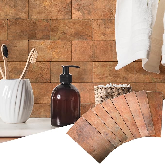 Yipscazo Peel and Stick backsplash 3 x 6 Inches 3D PVC Composite Wall Tile Stick on Backsplash Tile for Kitchen Bathroom, Laundry Room, Fireplace(Copper, 100 Pieces)