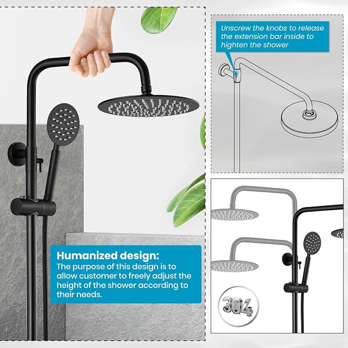 gotonovo Outdoor Shower 304 Stainless Steel, Mattte Black, Single Handle | Rain 8 Inch Outdoor Shower Head with Handheld Kit Fixtures System Faucet Set with Valve Wall Mount for Seaside Backyard Pool