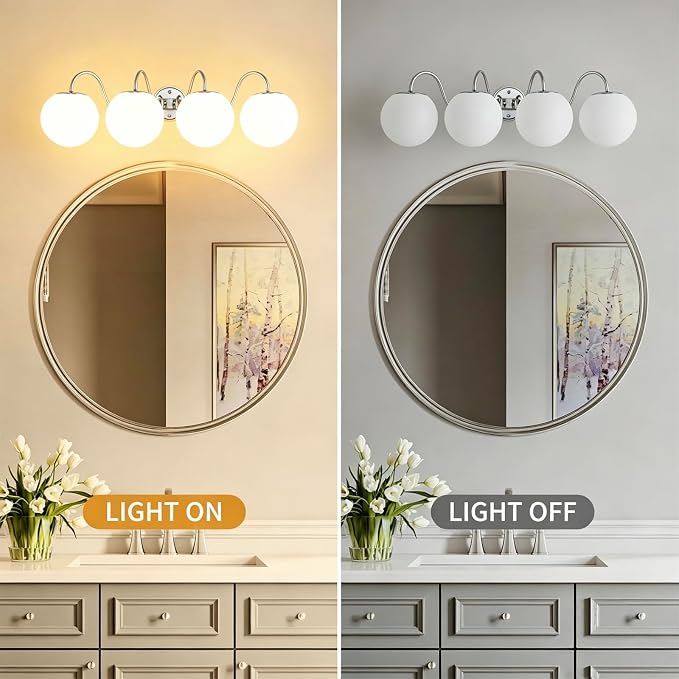 4 Lights Vintage Bathroom Vanity Light Fixtures Over Mirror, Brushed Nickel Vanity Lights For Bathroom With Milk White Glass Globe Shade, Wall Lights For Bedroom, Hallway, Dressing Table(G9 Incl.)