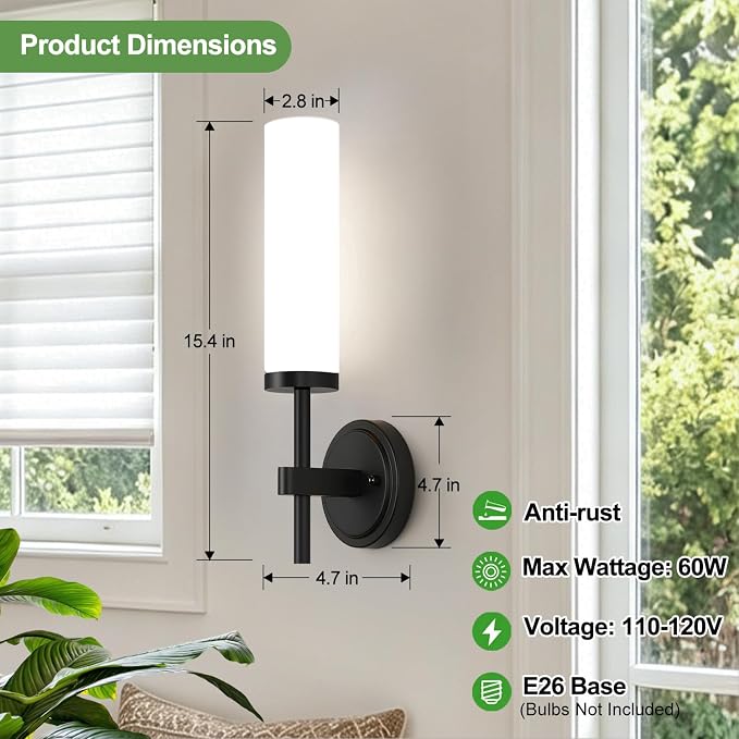 MOKATNG [Hardwired] Wall Sconces Set of Two, Matte Black Bathroom Sconces with Milky White Glass, Modern Wall Light Fixtures for Bathroom Mirror Vanity, Living Room, Hallway, Stairway, Cabinet, Foyer