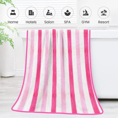JML Microfiber Bath Towels Set of 4, Large Bathroom Towel for Adult, 30" x 60", Soft, Super Absorbent & Fast Drying, Use for Shower, Sauna, Sport, Fitness, Yoga, Cabana Stripe Pink