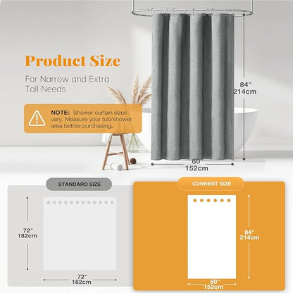 BTTN Stall Fabric Shower Curtain - 60x84 Inch Long Linen Textured Heavy Duty Shower Curtain Set with 10 Plastic Hooks, Narrow Spa Decorative Neutral Waterproof Shower Curtains for Bathroom, Gray/Grey