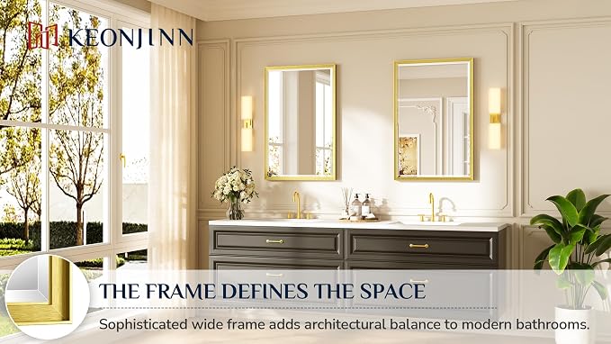 Keonjinn Brushed Gold Bathroom Mirror 24" x 36", Safe HD Tempered Glass | Aluminum Alloy Frame, Rustproof, Effortless French Cleat Installation, Transitional Style, Gold Vanity Mirrors for Over Sink