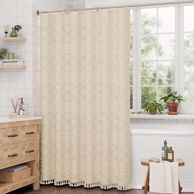 AmazerBath Boho Farmhouse Shower Curtain with Tassels, Soft Cloth Chevron Beige Shower Curtain Set, Fabric Diamond Stripes Rustic Shower Curtain with Hooks, Hotel Quality, 72x72 Inches