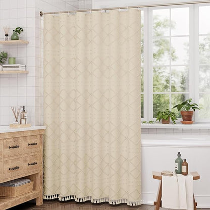 AmazerBath Boho Farmhouse Shower Curtain with Tassels, Soft Cloth Chevron Beige Shower Curtain Set, Fabric Diamond Stripes Rustic Shower Curtain with Hooks, Hotel Quality, 72x72 Inches