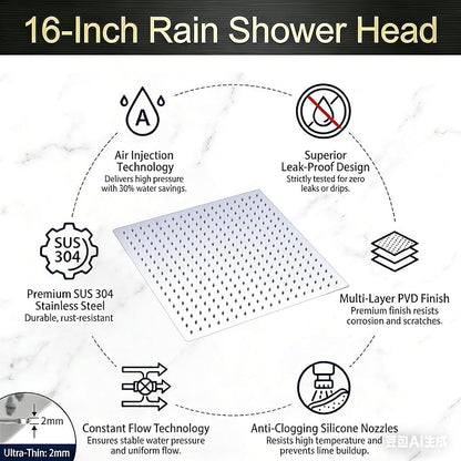16 Inch Rain Shower Head,Rainfall Showerhead,Chrome | All Metal 304 Stainless Steel with 324 Silicone Nozzel, Full Body Coverage,Ceiling Mounted