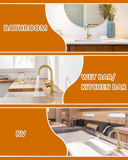 Tohlar Gold Bathroom Faucet, Brushed Gold Wet Bar/Pre-Kitchen Faucet for Sink 1 or 3 Hole, Bathroom Sink Faucet with Deck Plate and Sprayer, Single Handle Bar Sink Faucet with Pop Up Drain